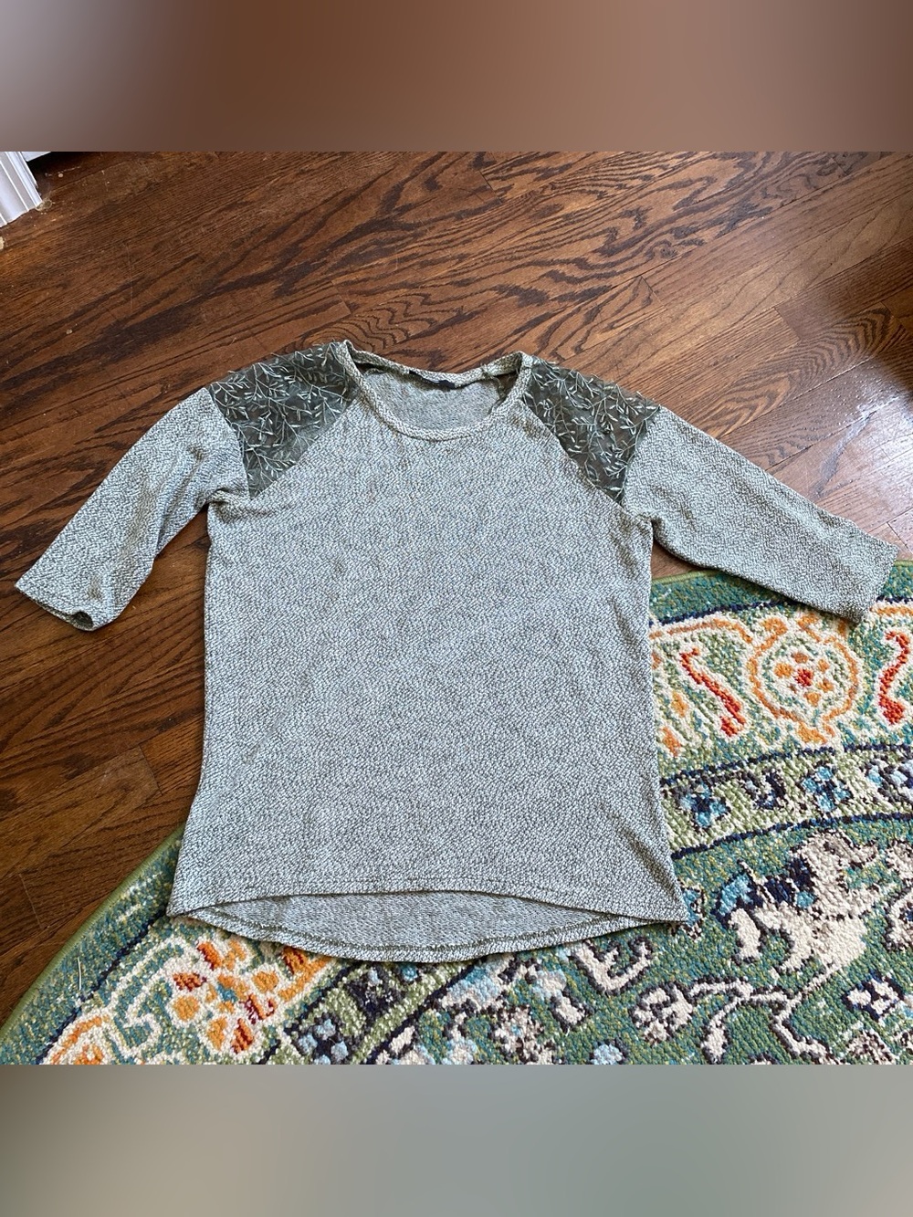 George heathered sage green 3/4 sleeve with sheer shoulders
